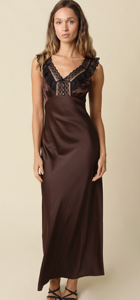 Brown Lace Satin Maxi Dress
