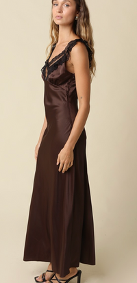 Brown Lace Satin Maxi Dress