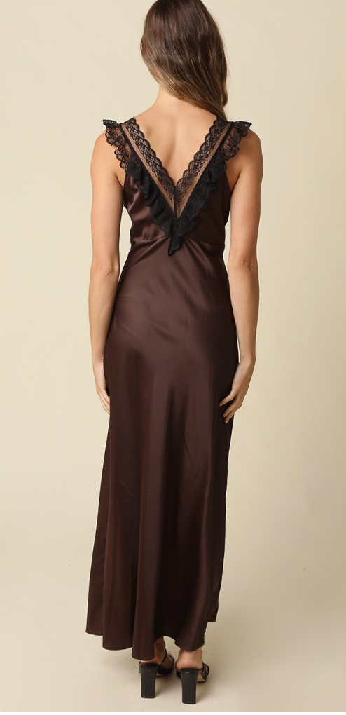 Brown Lace Satin Maxi Dress