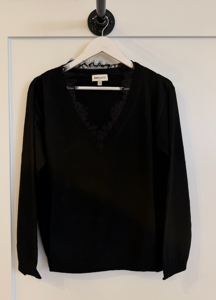 Black Lace Trim Sweater Top by Lucy Paris