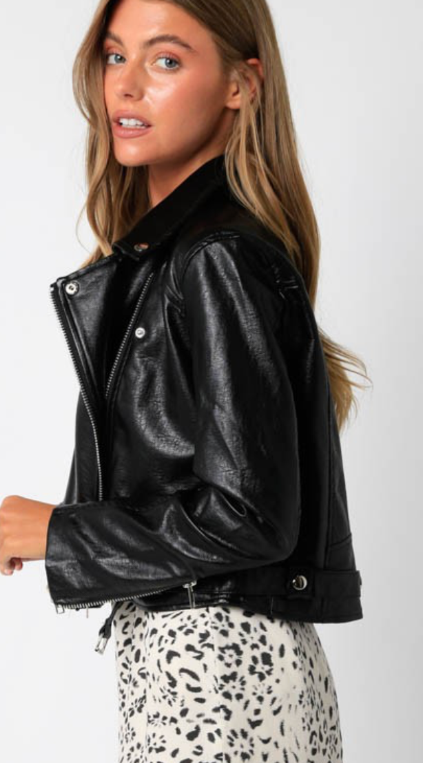 Vegan Leather Bomber Jacket in Black