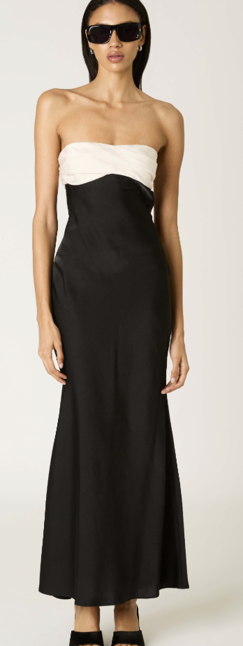 Black and White Colorblock Satin Maxi Dress by NIA