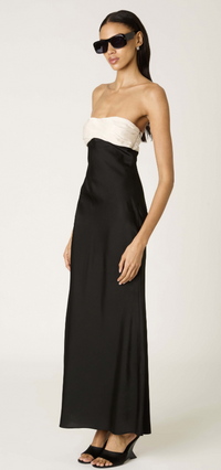 Black and White Colorblock Satin Maxi Dress by NIA