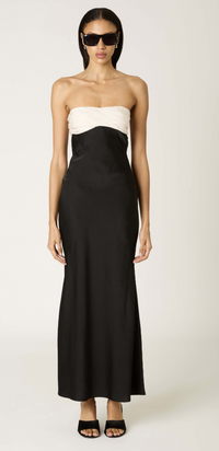 Black and White Colorblock Satin Maxi Dress by NIA
