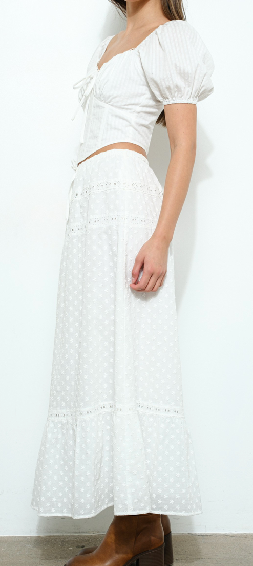 Lace Trim Eyelet Tiered Maxi Skirt