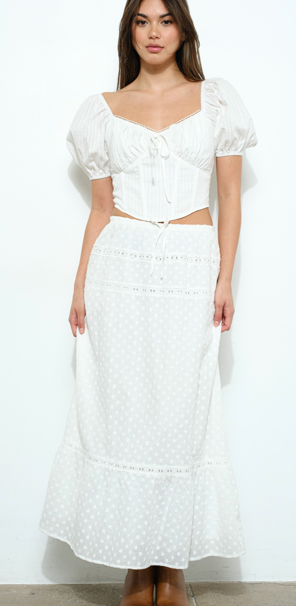 Lace Trim Eyelet Tiered Maxi Skirt