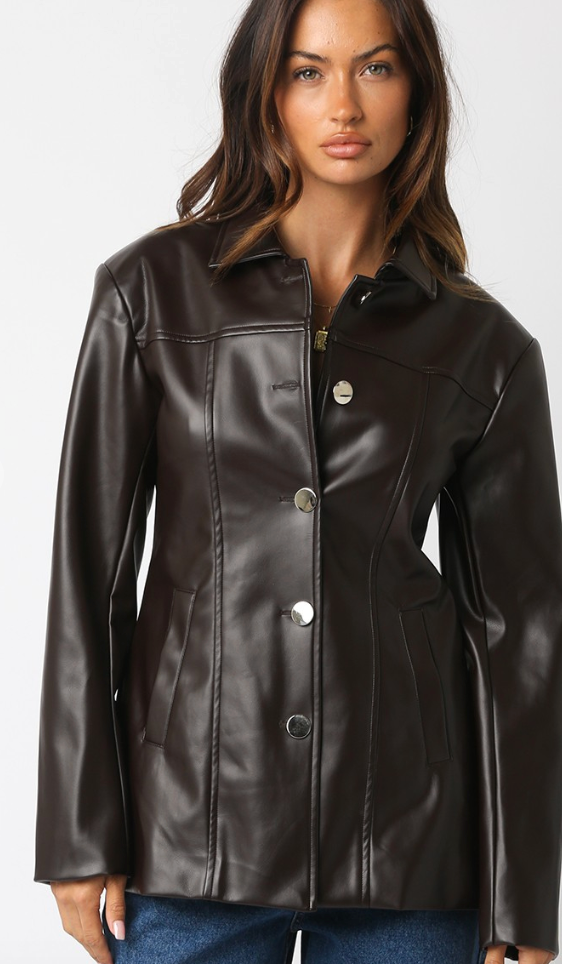 Vegan Leather Button Down Blazer Jacket in Brown or Black