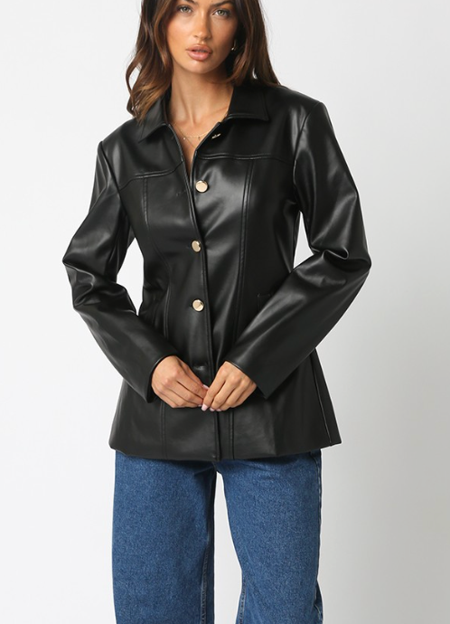 Vegan Leather Button Down Blazer Jacket in Brown or Black