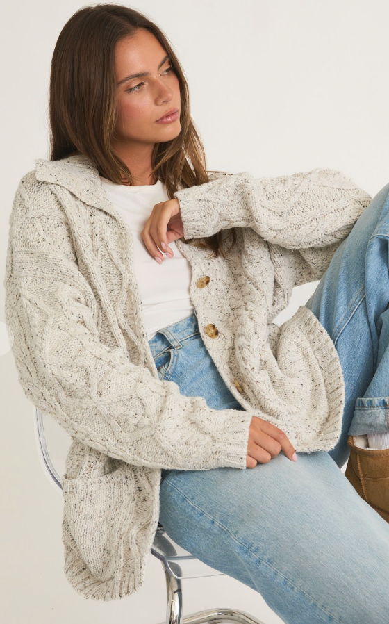 Button Down Cable Knit Cardigan Sweater