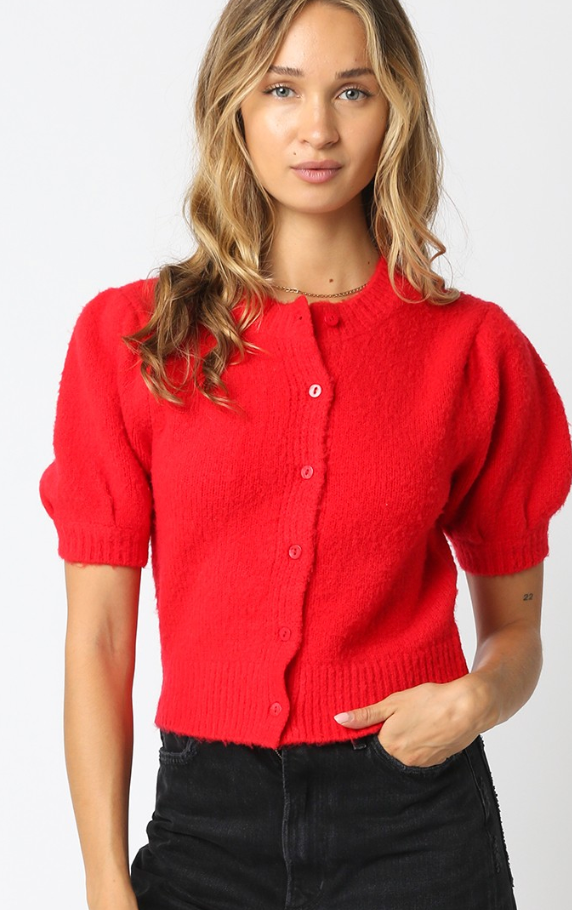 Red Puff Sleeve Button Down Cardigan
