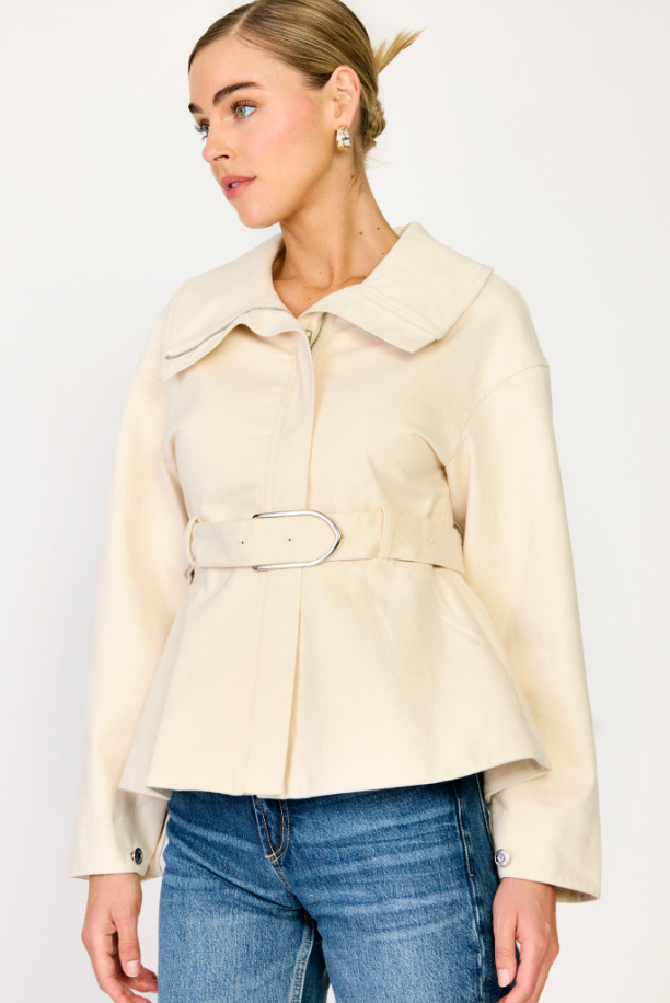 Cream Belted Jacket by Line and Dot