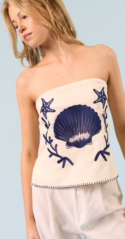 Linen Starfish and Shell Embroidery Tube Top