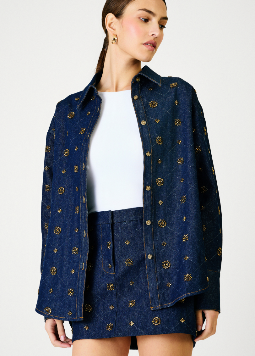 Blue Denim Embellished Mini Skirt by Line and Dot