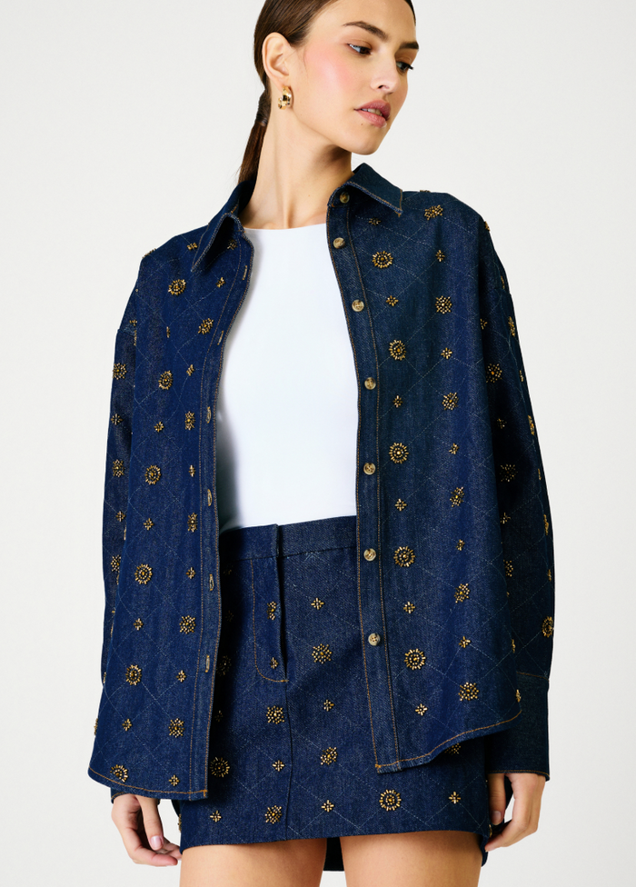 Blue Denim Embellished Mini Skirt by Line and Dot
