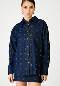 Blue Denim Embellished Button Down Jacket by Line and Dot