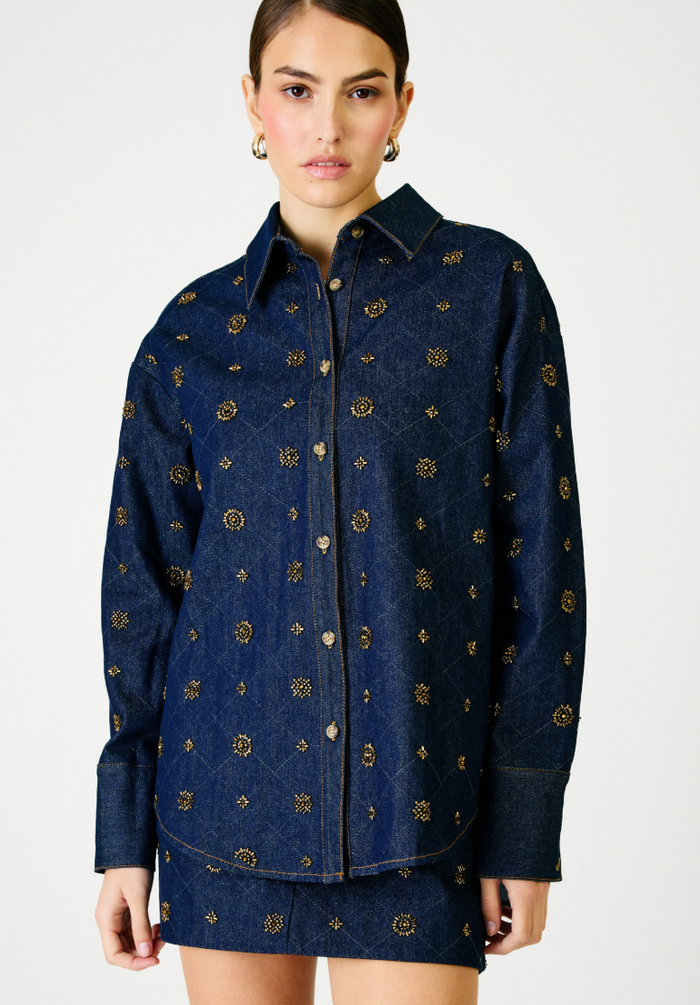 Blue Denim Embellished Button Down Jacket by Line and Dot