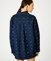 Blue Denim Embellished Button Down Jacket by Line and Dot
