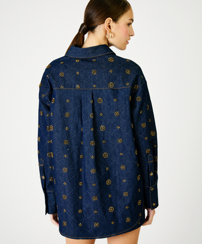 Blue Denim Embellished Button Down Jacket by Line and Dot