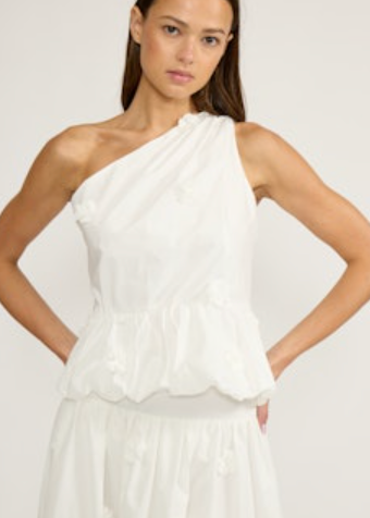 White One Shoulder Flower Embellished Top by Lucy Paris