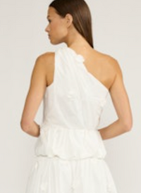 White One Shoulder Flower Embellished Top by Lucy Paris