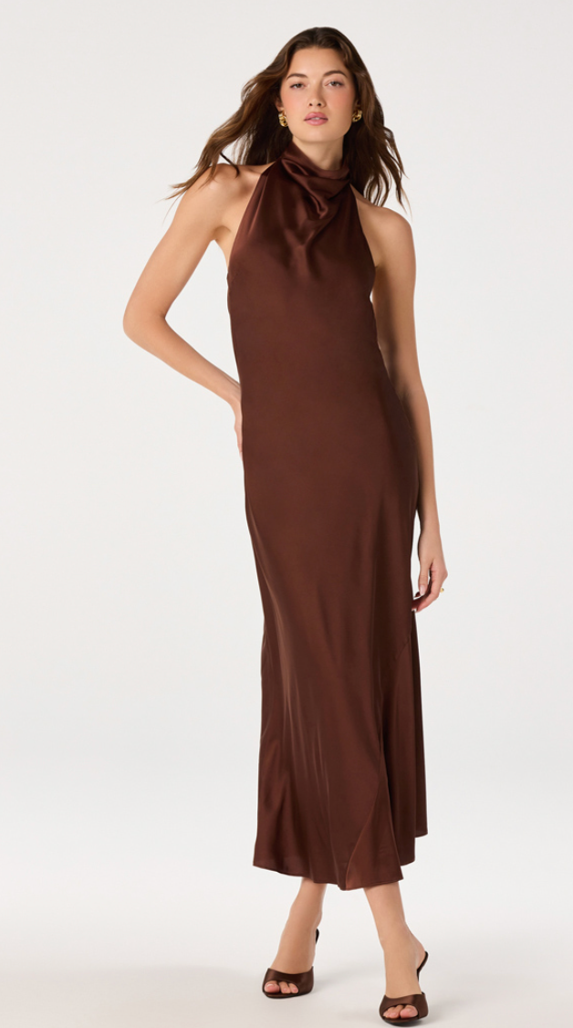 Brown Halter Satin Maxi Dress by ASTR