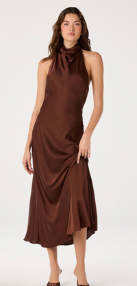Brown Halter Satin Maxi Dress by ASTR