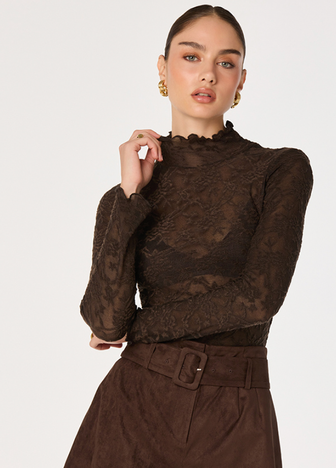 Kyra Brown Lace Mock Neck Top by ASTR