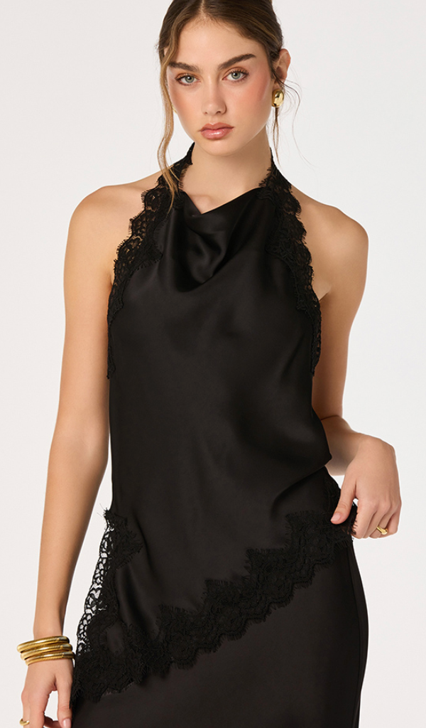 Laura Black Lace Satin Asymmetrical Top by ASTR