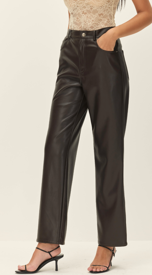 Brown Vegan Leather Pants by Elodie