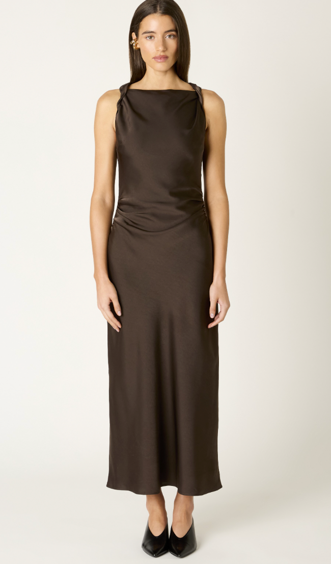 Brown Satin Maxi Dress by NIA
