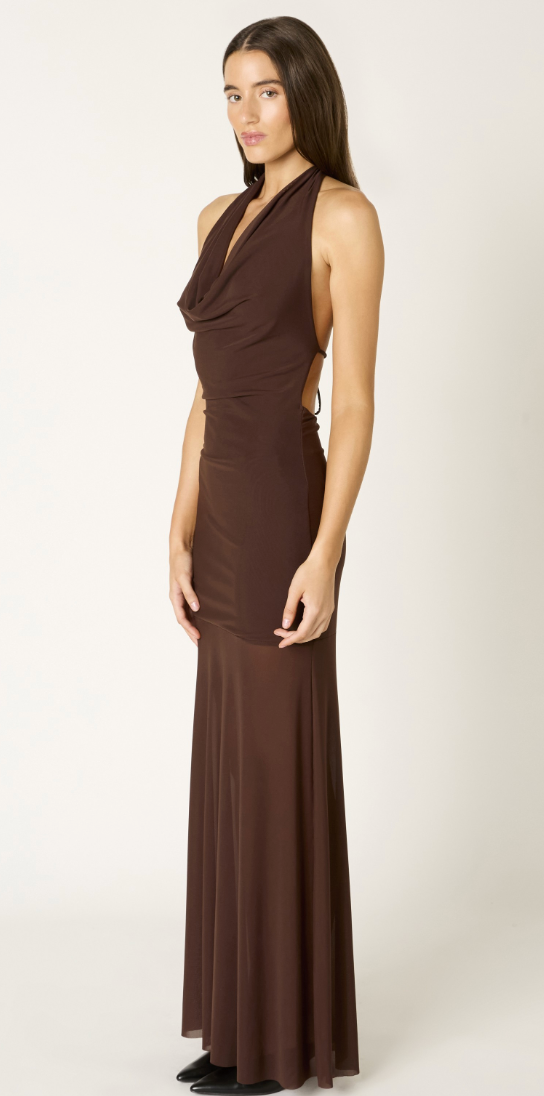Brown Sheer Cowl Neck Mesh Maxi Dress by NIA
