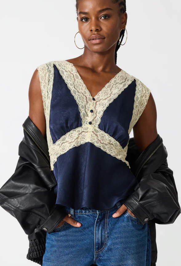 Navy Satin Lace Top by Steve Madden