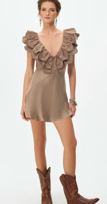 Luna Eyelet Brown Satin Mini Dress by For Love and Lemons