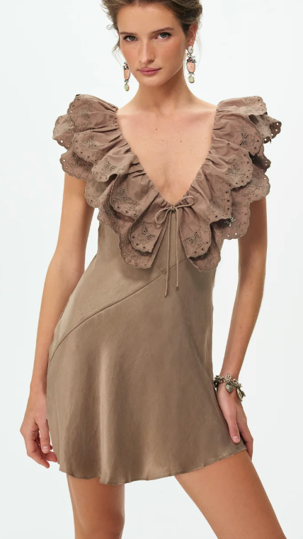 Luna Eyelet Brown Satin Mini Dress by For Love and Lemons