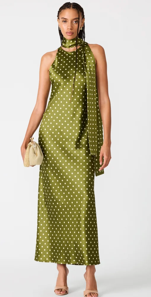 Jaiden Green Polka Dot Satin Maxi Dress by Steve Madden