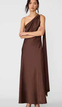 Aurorah One Shoulder Satin Maxi Dress by Steve Madden (available in Brown or Black)