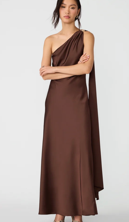 Aurorah One Shoulder Satin Maxi Dress by Steve Madden (available in Brown or Black)