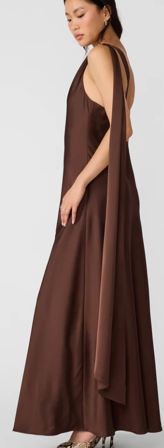 Aurorah One Shoulder Satin Maxi Dress by Steve Madden (available in Brown or Black)