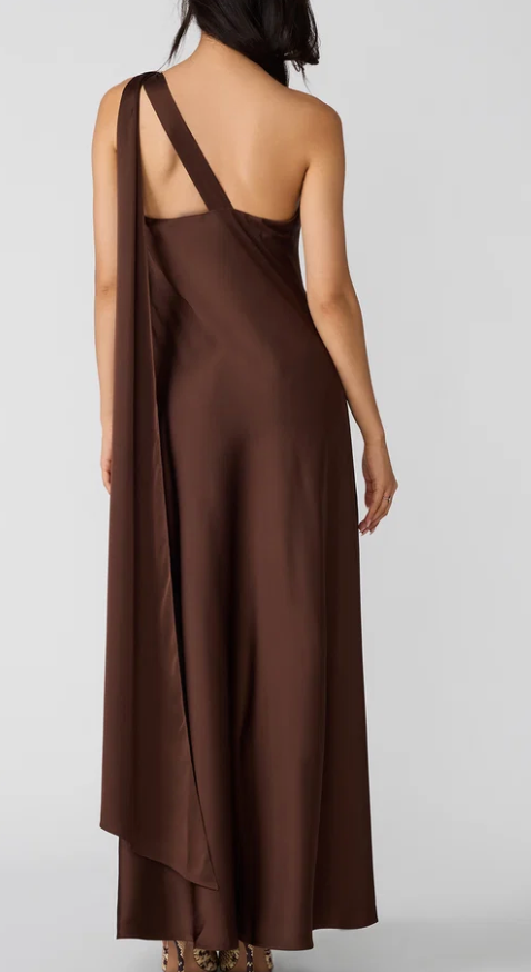 Aurorah One Shoulder Satin Maxi Dress by Steve Madden (available in Brown or Black)