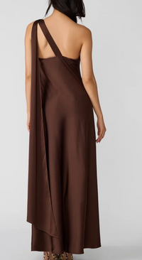 Aurorah One Shoulder Satin Maxi Dress by Steve Madden (available in Brown or Black)