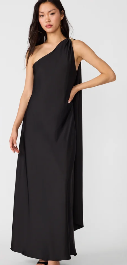 Aurorah One Shoulder Satin Maxi Dress by Steve Madden (available in Brown or Black)