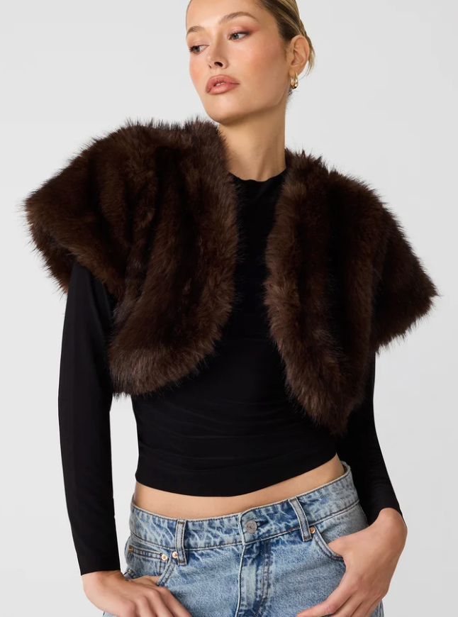 Jalen Faux Fur Bolero in Brown by Steve Madden
