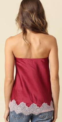 Strapless Satin Top with Lace (available in brown or burgundy)
