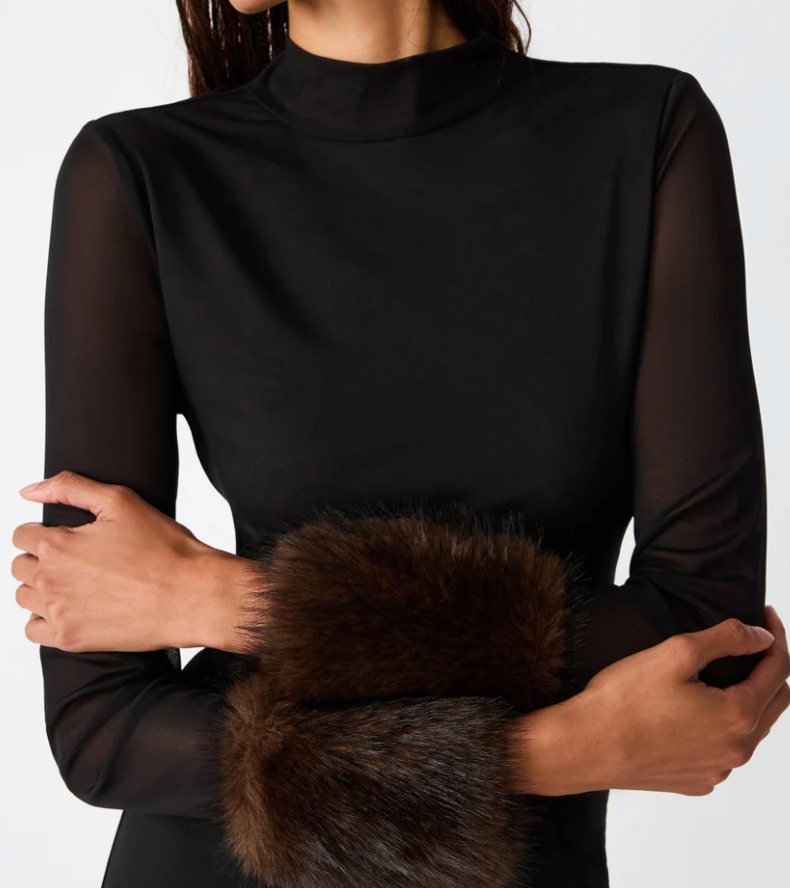 Lillienne Brown Mesh Top with Faux Fur Trimmed sleeves by Steve Madden