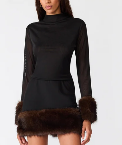 Lillienne Brown Mesh Top with Faux Fur Trimmed sleeves by Steve Madden