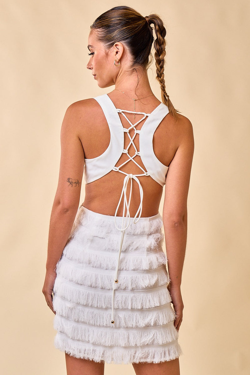 White Fringe Mini Dress