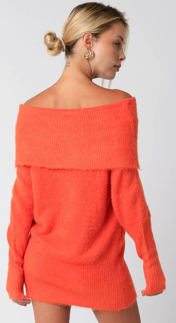 Fuzzy Off The Shoulder Sweater Dress in Orange