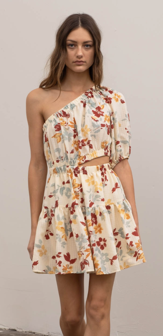 One Shoulder Floral Mini Cut Out Dress