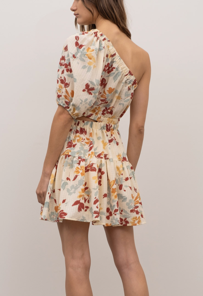 One Shoulder Floral Mini Cut Out Dress