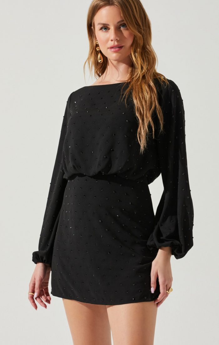 Black Rhinestone Long Sleeve Mini Dress by ASTR the label